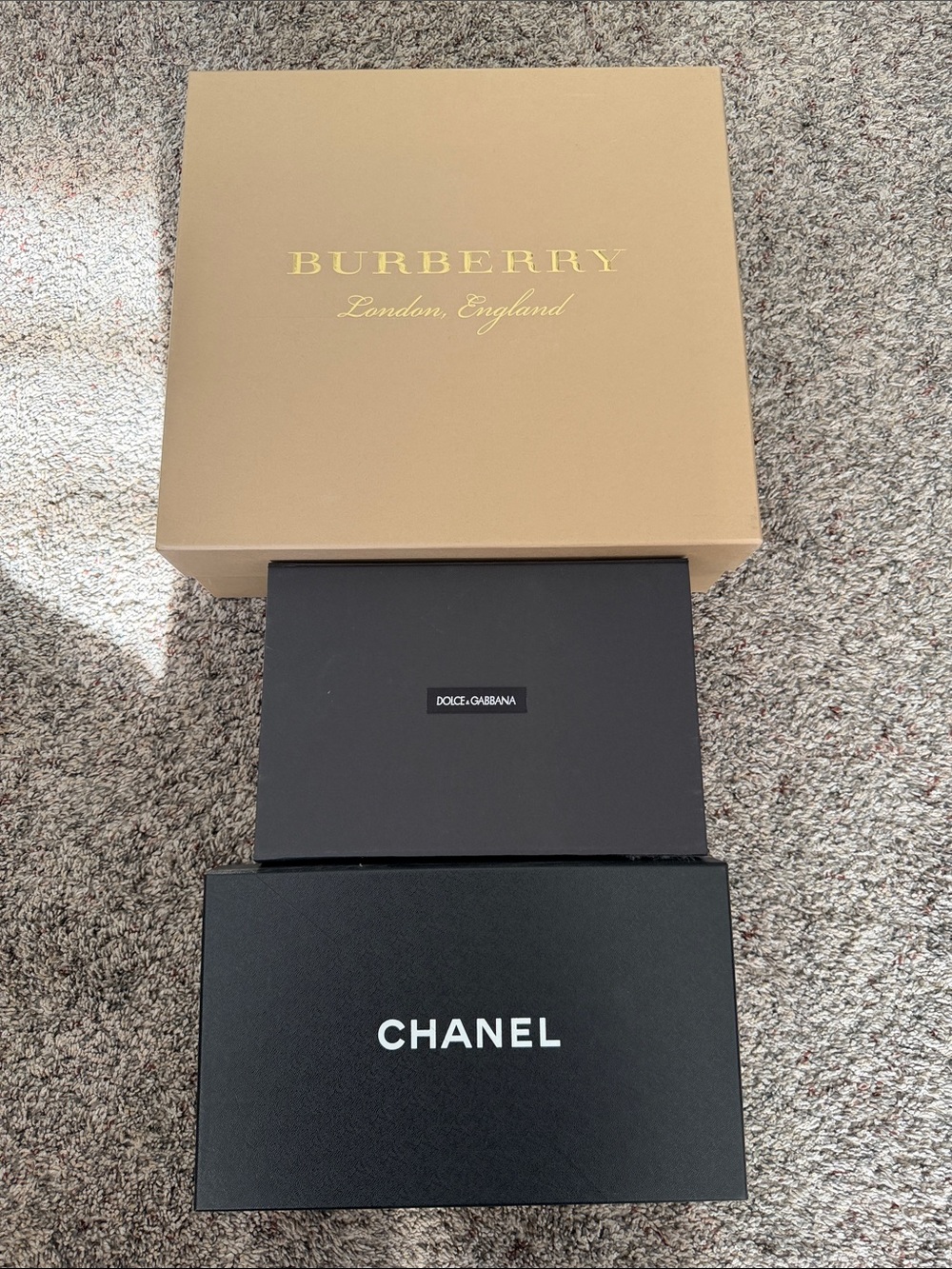 Chanel Black Shoe/Accessory Box with Dolce & Gabbana and Burberry Boxes